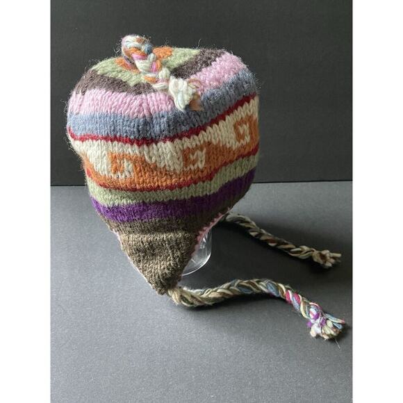 Nepal 100% Wool Beanie Winter Hat Knit Cap Fleece Lined Ski Earflaps Gorpcore - Picture 2 of 5
